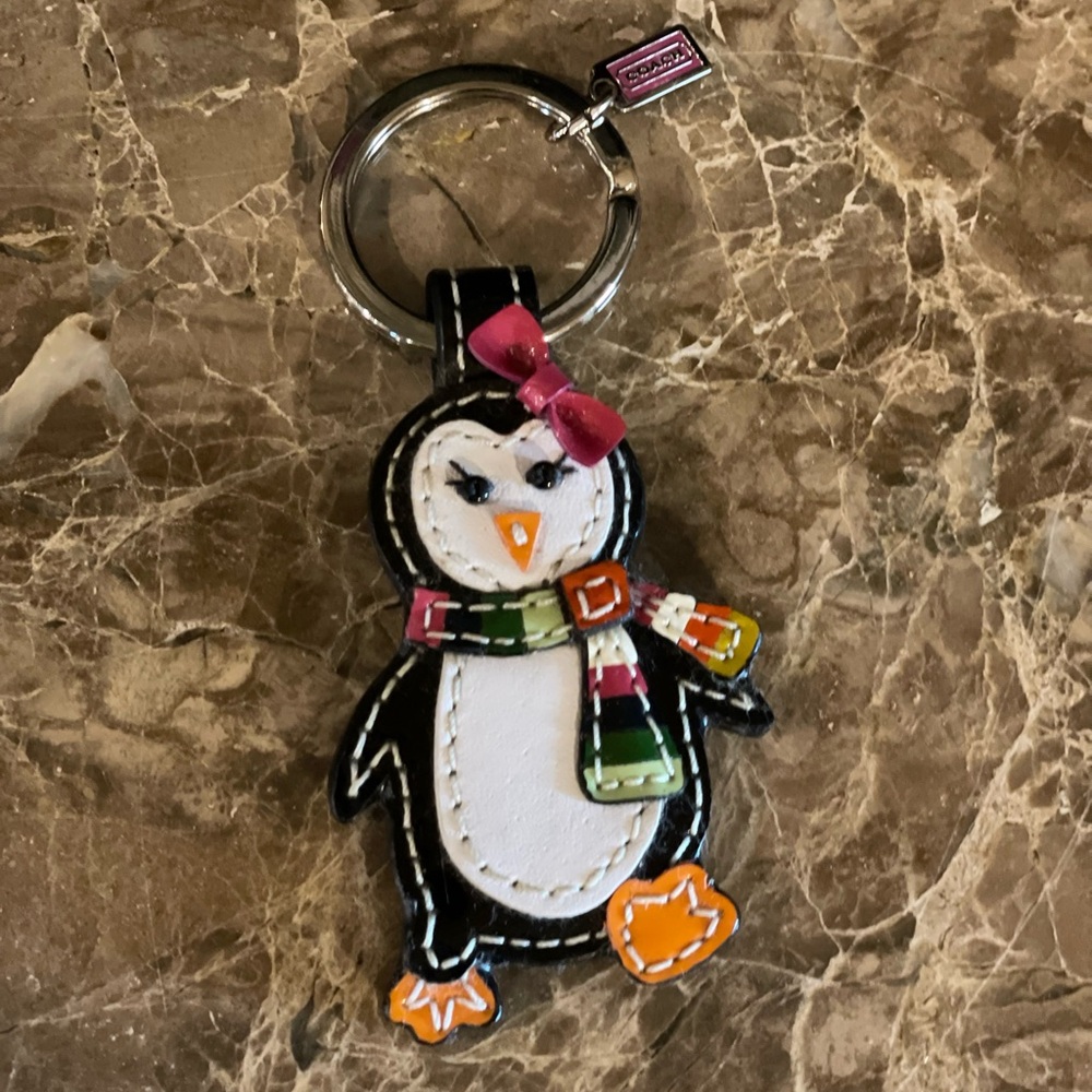 COACH Legacy Scarf Penguin HTF Leather Black and White Key Fob Charm Keychain